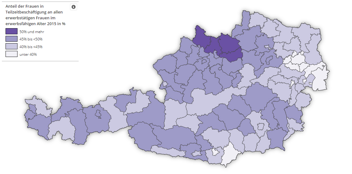 Billede: En del af Østrigs visualisering af data, som bl.a. viser kønsfordeling i beskæftigelse og løn fordelt på geografi.